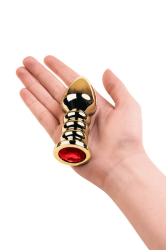 TOYFA Metal Gold anal plug  - Золотистая анальная пробка с кристаллом, 8.5х3.8 см (красный)