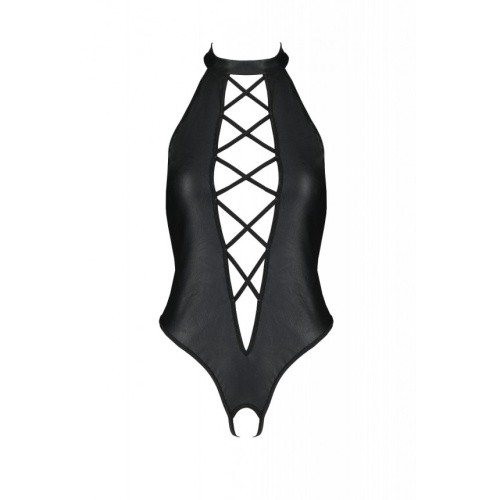 Passion Nancy Body - Боди из эко-кожи с имитацией шнуровки и открытым доступом, 4XL/5XL