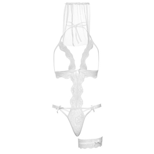 Leg Avenue - G-string teddy, veil & garter - Комплект невесты, O/S (белый) - sex-shop.ua