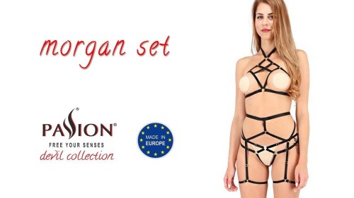 Passion Exclusive Morgan Set OpenBra комплект белья: трусики, лиф, пояс, S/M (чёрный) - sex-shop.ua