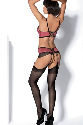 Kinga Desire II N-129 - эротический комплект: бюст, трусики с пажами для чулок и чулки, S/M (вишневый)