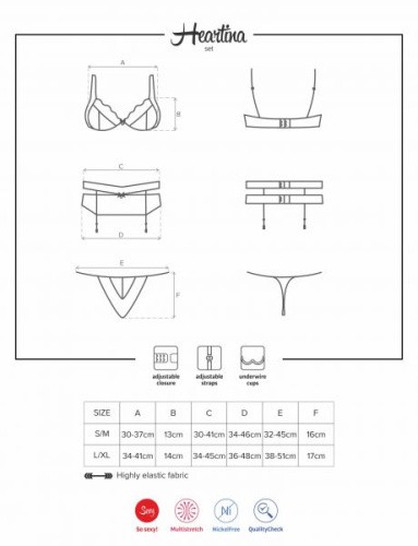 Obsessive Heartina set - эротический комплект бюстгальтер, стринги и пояс для чулок, L/XL (красный)