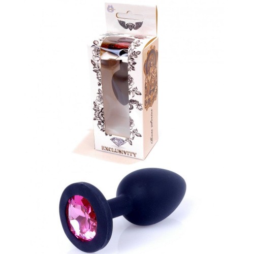 Boss Silikon Plug Jewellery Black Small - Анальная пробка с кристаллом, 8х3.5 см (черный с розовым) - sex-shop.ua