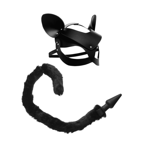 Tailz Black Cat Tail Anal Plug & Mask Set - рольовий БДСМ набір кота: маска та анальна пробка з хвостом