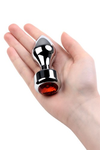 Metal By Toyfa срібляста металева анальна пробка-куля із кристалом кольору рубін, 9,5х3,5 см (червоний)
