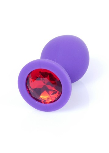 Boss Jewellery Purple Silicon Plug Medium Red Diamond - Анальная пробка с кристаллом, 8х3.5 см (фиолетовый с красным) - sex-shop.ua