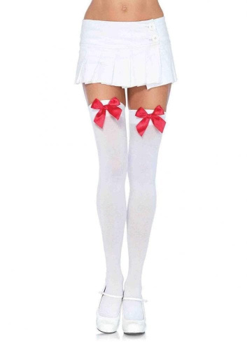 Leg Avenue Nylon Thigh Highs With Bow-панчохи з бантиком (білий з блакитним) - купити в Україні | Секс шоп SEX-SHOP.ua