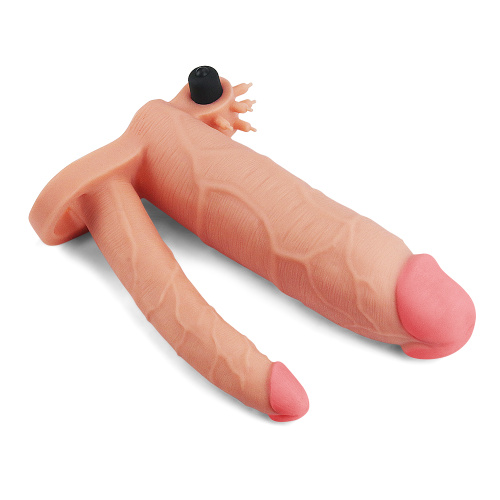 Pleasure X-Tender Vibrating Double Penis Sleeve Flesh Add 3"  - Двойная насадка на пенис с вибрацие, 21 см (телесный)