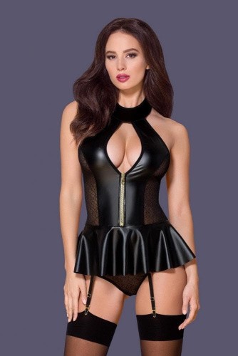 Obsessive 859-COR-1 corset - эротический комплект: корсет с подвязками и трусики, S/M (чёрный)