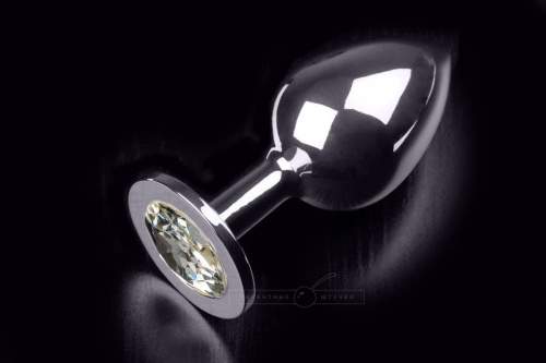 Пікантні Штучки - Велика срібляста анальна пробка з кристалом, 9х4 см (прозорий)
