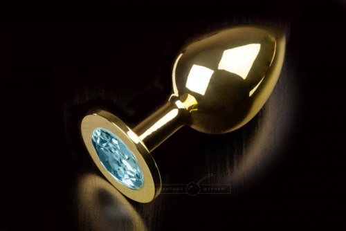 Пикантные Штучки - Большая золотистая анальная пробка с кристаллом, 9х4 см (голубой) - sex-shop.ua