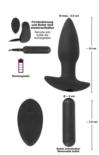 Orion Black Velvets RC Butt Plug анальная пробка с вибрацией и дистанционным управлением, 12.9х3.6 см - sex-shop.ua