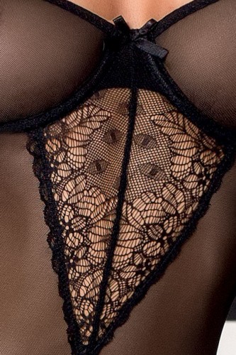 Passion Exclusive Velia corset полупрозрачный корсет с пажами и трусики, S/M (чёрный)