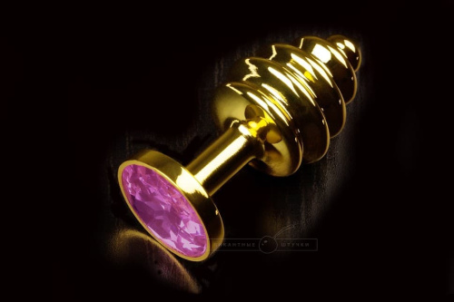 Пикантные Штучки - Витая золотистая анальная пробка с кристаллом малая, 7,5х2,7 см (фиолетовый) - sex-shop.ua