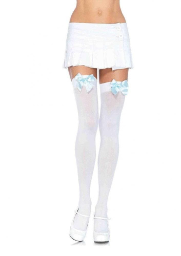 Leg Avenue Nylon Thigh Highs With Bow-панчохи з бантиком (білий з блакитним) - купити в Україні | Секс шоп SEX-SHOP.ua