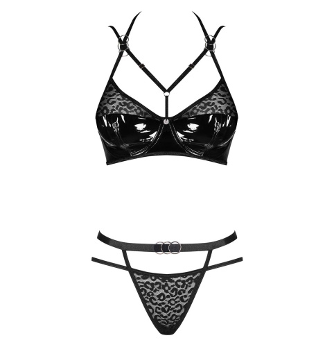 Obsessive Bagirela 2-pcs set - Комплект белья с лаковыми вставками (бюстгальтер и трусики) S/M (чёрный)