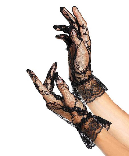 Leg Avenue - Lace Wrist Lengh Ruffle Gloves - мереживні рукавички, O/S (чорний)