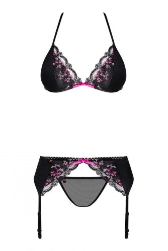 Obsessive Floweria set - эротический комплект бюстгальтер, стринги и пояс для чулок, S/M (чёрный)