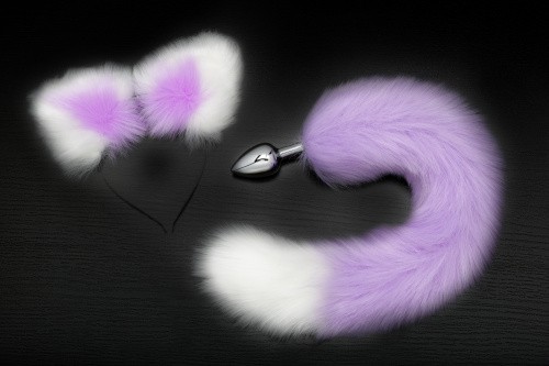 Пикантные штучки малая анальная пробка с хвостом и ушками, 7х2.8 см (белый с фиолетовым) - sex-shop.ua