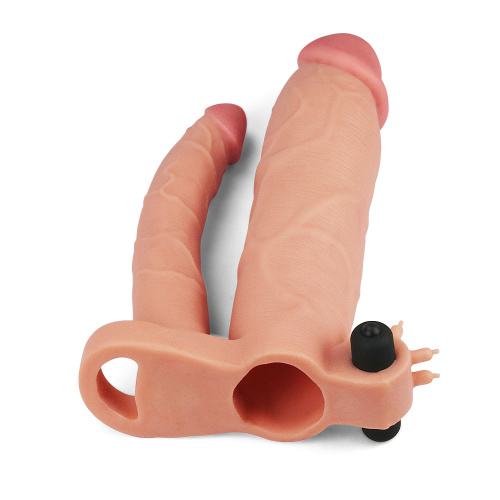 Pleasure X-Tender Vibrating Double Penis Sleeve Flesh Add 3"  - Двойная насадка на пенис с вибрацие, 21 см (телесный)