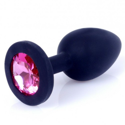 Boss Silikon Plug Jewellery Black Small - Анальна пробка із кристалом, 8х3.5 см (чорний з рожевим)