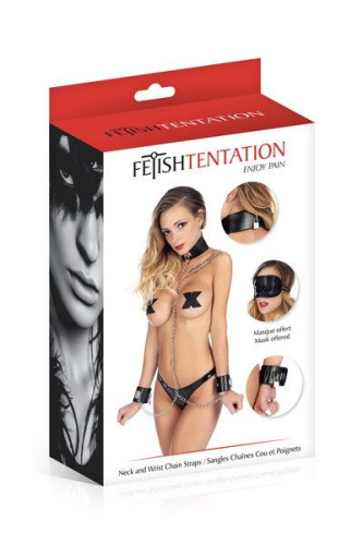 Fetish Tentation Neck and Wrist Chain Straps - Нашийник з наручниками та ланцюжком + маска на очі - купити в Україні | Секс шоп SEX-SHOP.ua