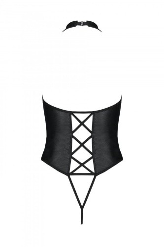 Passion Nancy Body боди из эко-кожи с имитацией шнуровки и открытым доступом, S/M (чёрный)