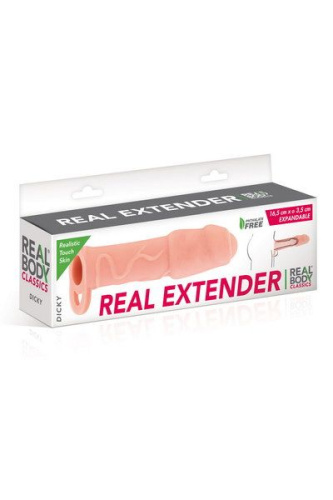 Real Body Real Extender Dicky - насадка на член із закритою головкою та кільцем для мошонки, +5 см (тілесний)