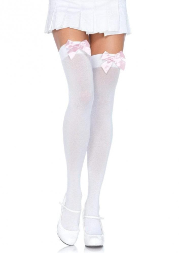 Leg Avenue Nylon Thigh Highs With Bow - чулки с бантиком (черный с фукси) - sex-shop.ua