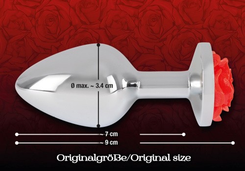 Orion Rose Butt Plug - Анальна пробка з трояндою в основі, 9х3.4 см (сріблястий з червоним)