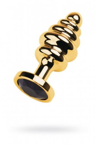 Metal By Toyfa Golden anal plug - ребристая золотистая анальная пробка с камнем (чёрный)