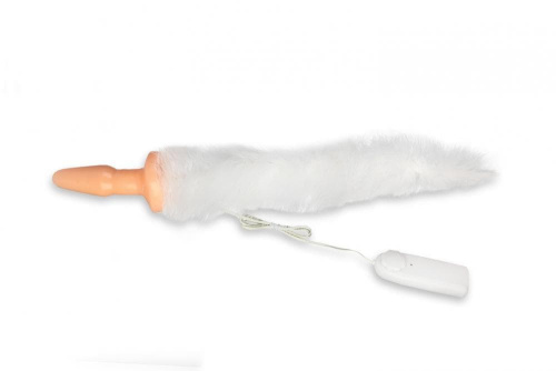 Пікантні Штучки - Анальна пробка з хвостом і вібрацією, 12х3 см (тілесний з білим)