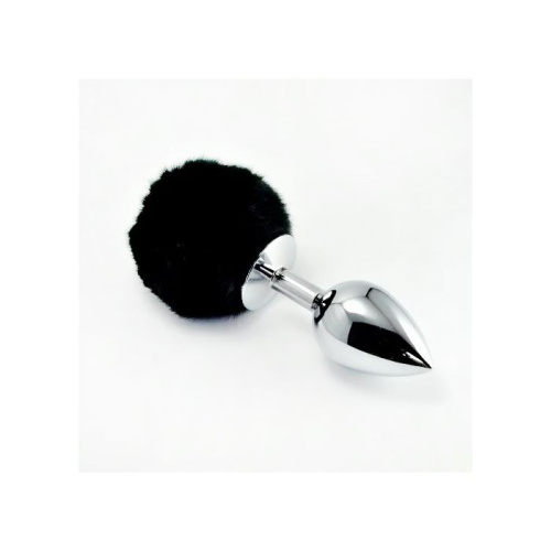 LoveToy Large Silver Plug+Pompon Black - Велика срібляста анальна пробка з пухнастим хвостом, 17х4 см (чорний)