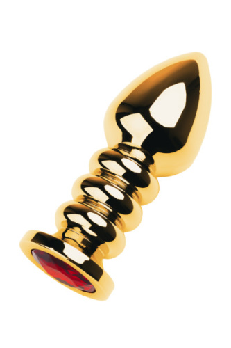 TOYFA Metal Gold anal plug  - Золотистая анальная пробка с кристаллом, 8.5х3.8 см (красный)