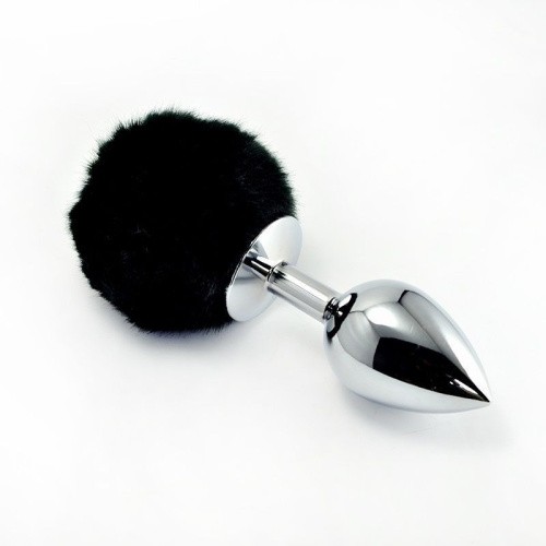 LoveToy Pompon Metal Plug Small - маленька срібляста анальна пробка з хвостиком, 7х2.8 см (чорний)