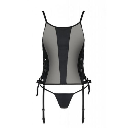 Passion Malwia Corset - Сетчатый корсет из эко-кожи, с люверсами и съемными пажами, 6XL/7XL