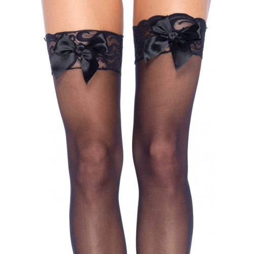 Leg Avenue Sheer Lace Top Thigh Highs - чулочки с кружевом и бантиком (черный) - sex-shop.ua