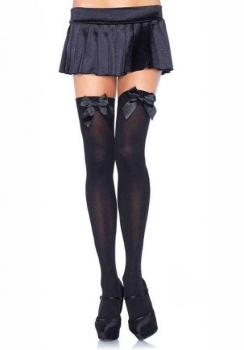 Leg Avenue Nylon Thigh Highs With Bow - чулки с бантиком (черный с черным) - sex-shop.ua