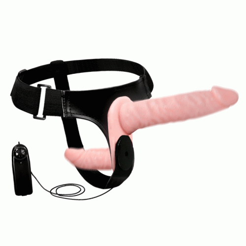 LyBaile Ultra Passionate Harness Doble Heads Vibrating - двойной страпон с вибрацией, 18х3.5 см (телесный) - sex-shop.ua