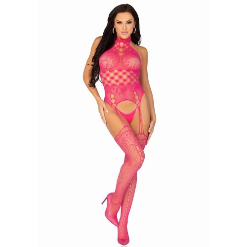 Leg Avenue - High neck lace bodystocking - Кружевной комбинезон с имитацией чулок, O/S (розовый) - sex-shop.ua