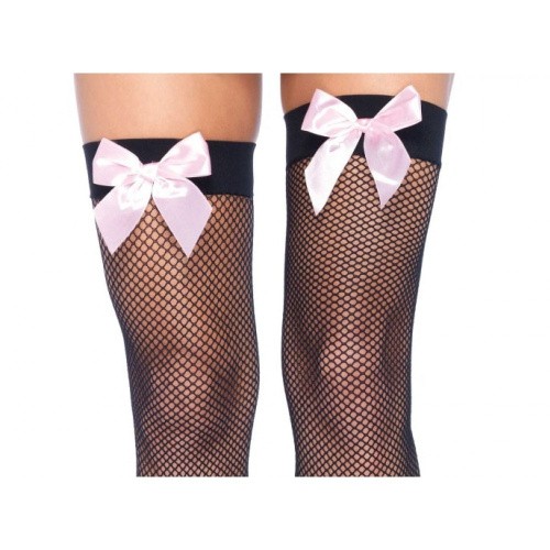 Leg Avenue Fishnet Thigh Highs With Bow - чулочки сетка с бантиком (черный с розовым) - sex-shop.ua
