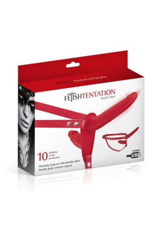 Fetish Tentation Vibrating Strap-On with Double Dildo Red - Двойной страпон с вибрацией, 15х3 см - sex-shop.ua