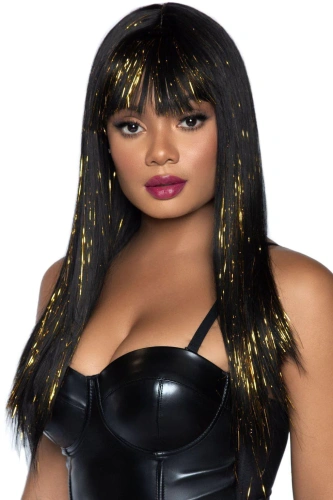 Leg Avenue-Long bang wig with tinsel Black/Gold - Чёрный парик с люрексовой ниткой - sex-shop.ua