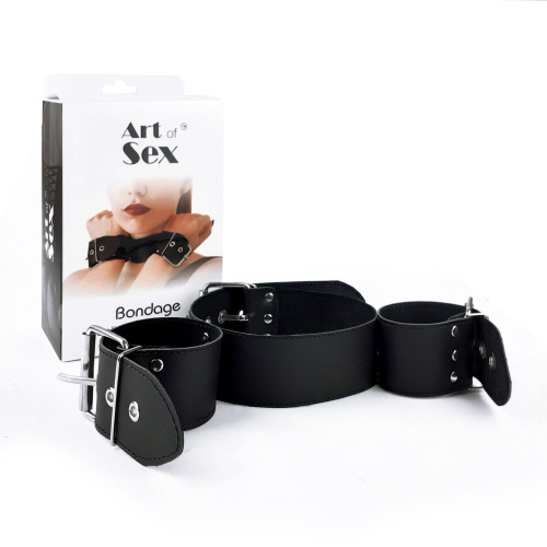 Art of Sex - Bondage Collar with Handcuffs - Нашийник з натуральної шкіри