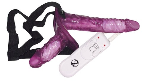 Vibrating Strap On Duo Lila - Двойной страпон с вибрацией, 18х3 см (фиолетовый) - sex-shop.ua
