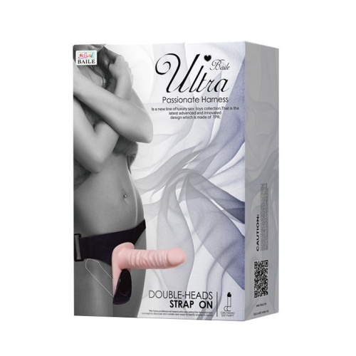 LyBaile Ultra Passionate Harness Doble Heads Vibrating - двойной страпон с вибрацией, 18х3.5 см (телесный) - sex-shop.ua