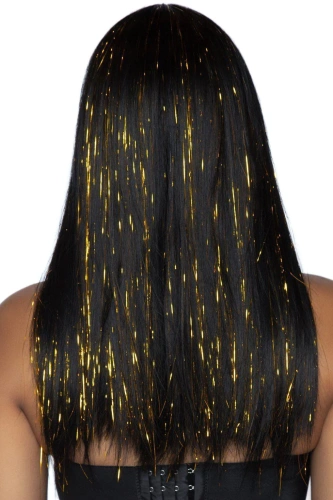 Leg Avenue-Long bang wig with tinsel Black/Gold - Чорна перука з люрексовою ниткою